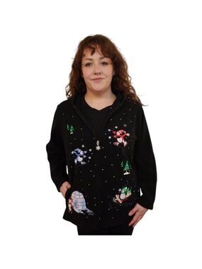 Essentials by Maggie Holiday Hoodie Embellished Black Fleece Jacket Size Large